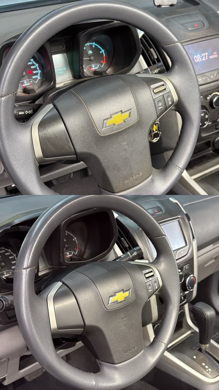 Volante e painel do Chevrolet antes e depois da higienização interna.