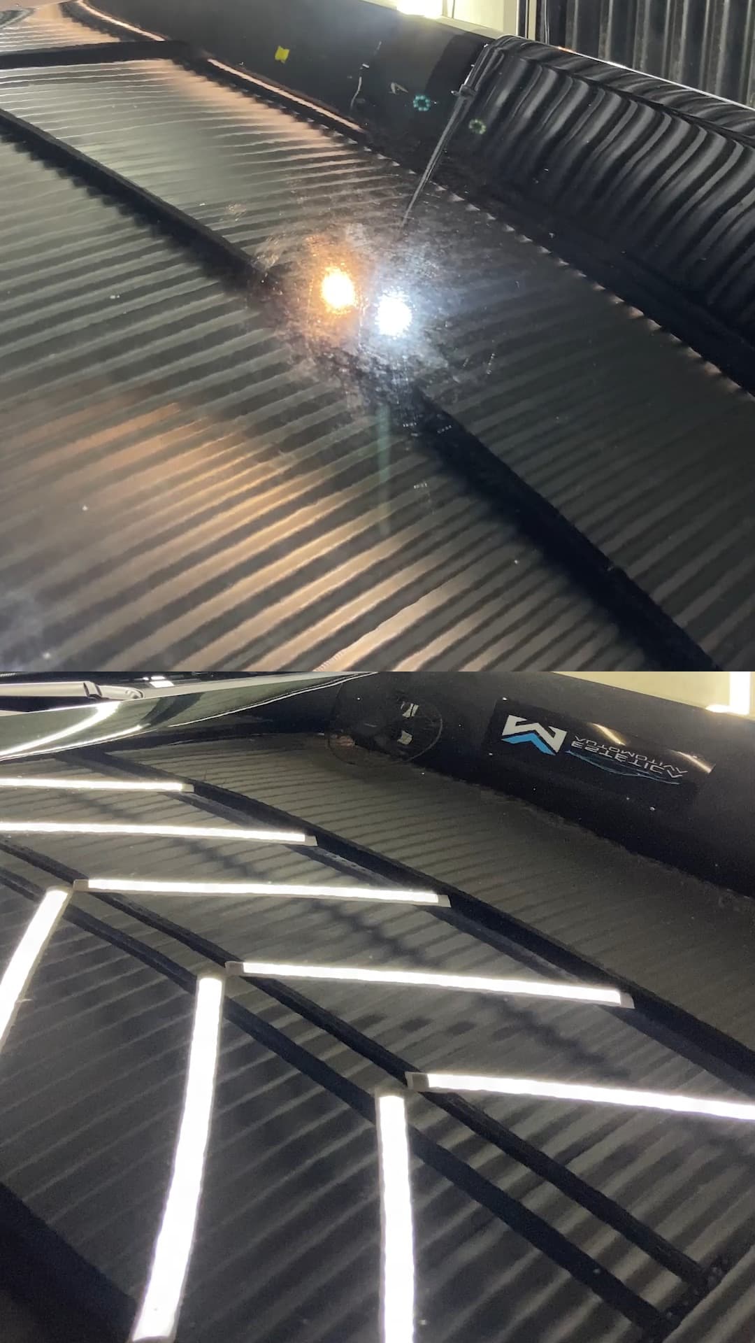 Capô do Volkswagen Gol antes e depois do polimento: em cima, reflexo baixo e opaco perto do para-brisa; embaixo, a mesma área em espelho, refletindo até a placa da MV Estética Automotiva colada no teto.