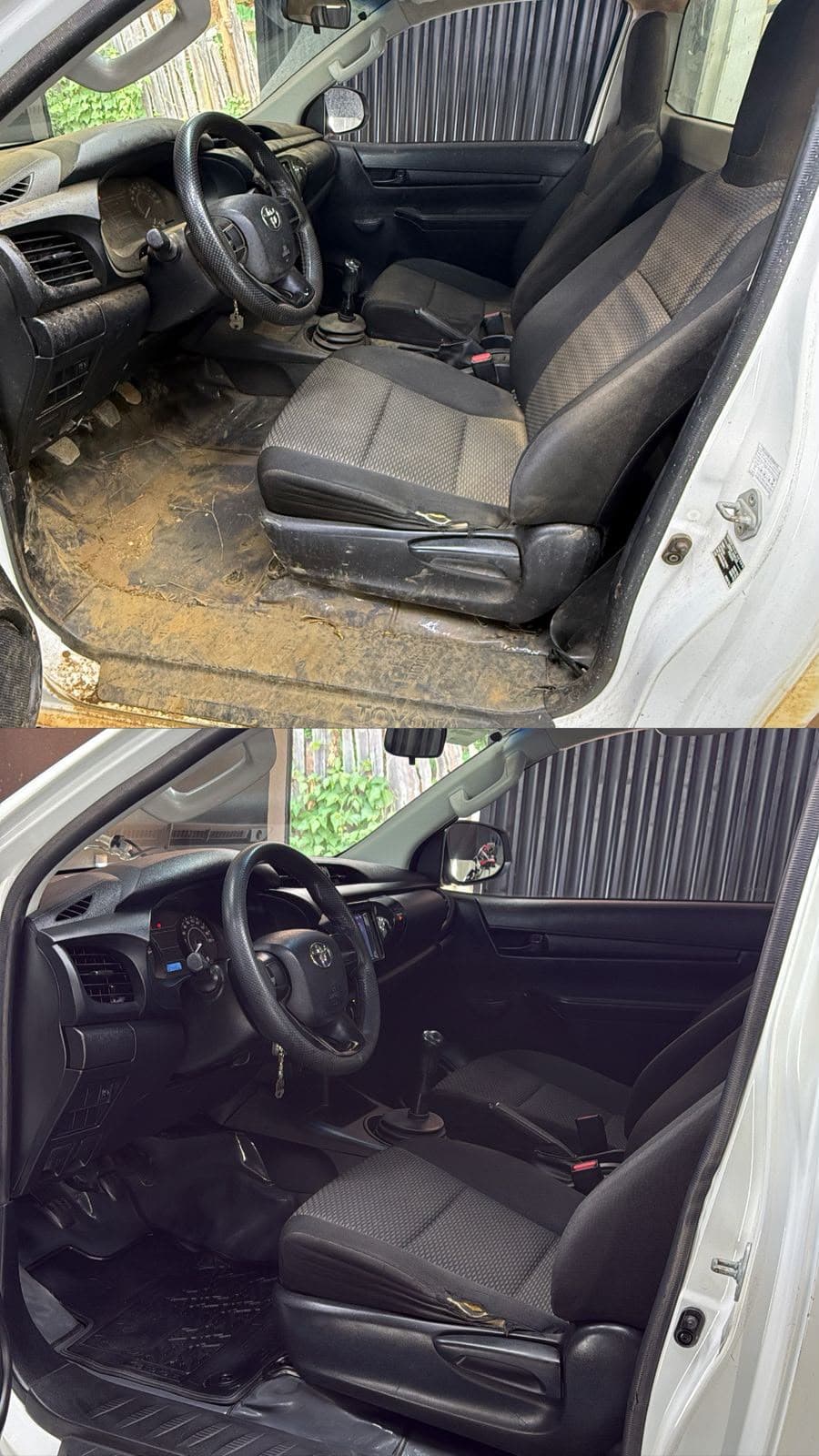 Cabine da Toyota Hilux antes e depois da higienização: em cima, assoalho e banco cobertos de barro seco; embaixo, o mesmo assoalho e banco limpos.