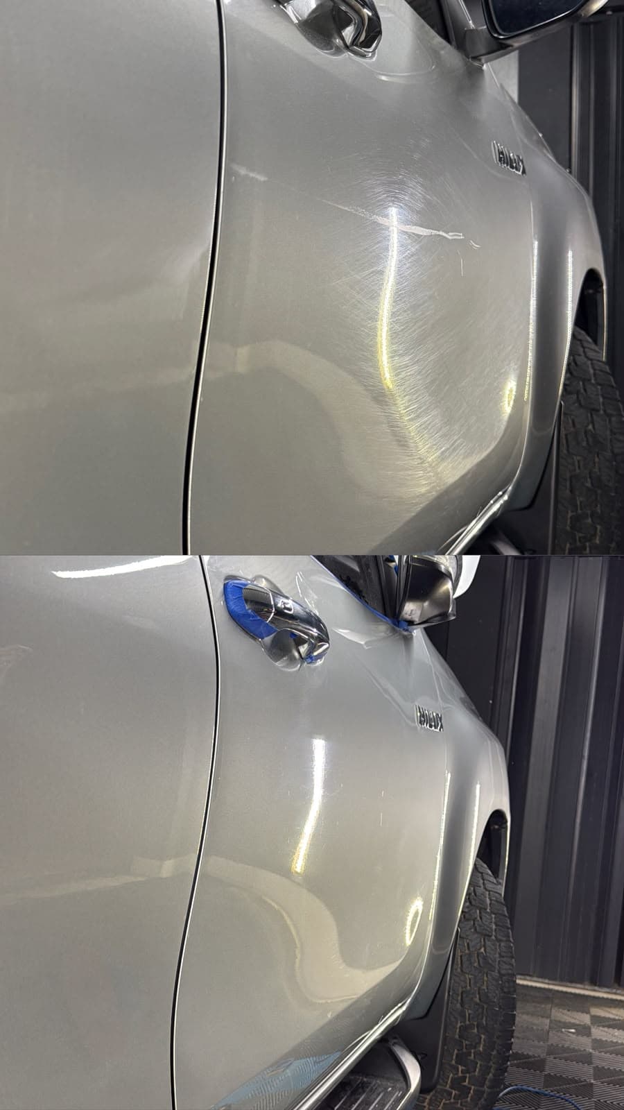 Paralama dianteiro da Toyota Hilux antes e depois do polimento: em cima, riscos profundos marcados na pintura prata; embaixo, a mesma área lisa, com o emblema HILUX refletindo nítido.