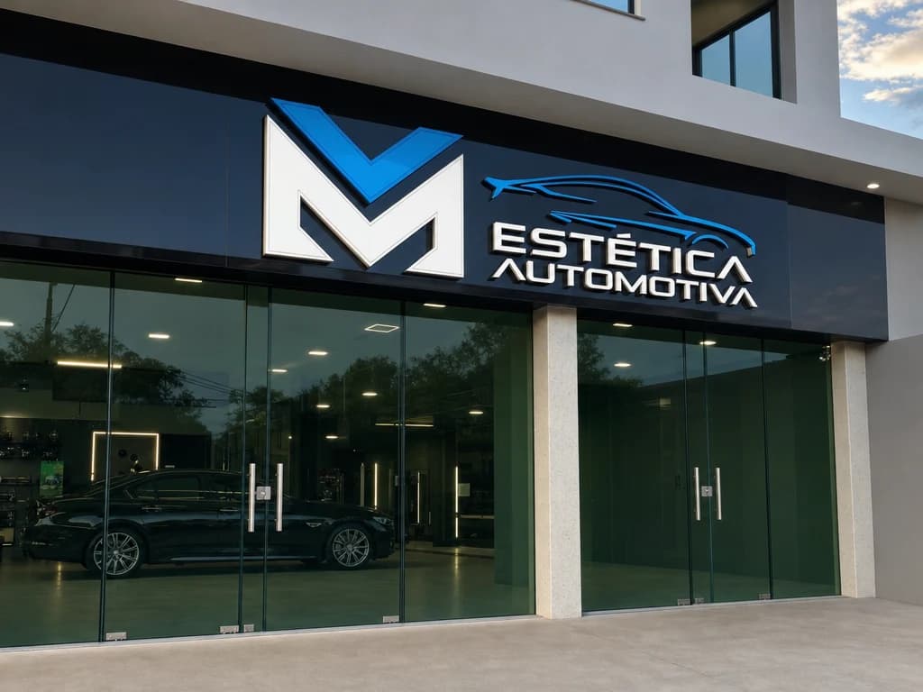 Fachada da MV Estética Automotiva em Simonésia, com vitrine de vidro escuro e carro no interior